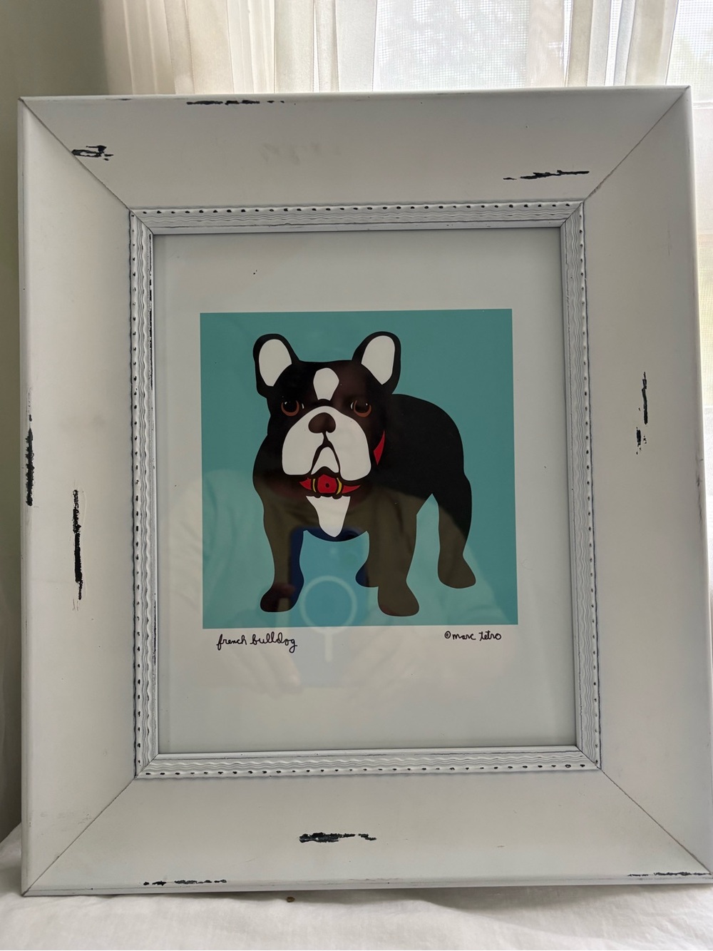 Marc Tetro French Bulldog Art Print in white distressed frame.